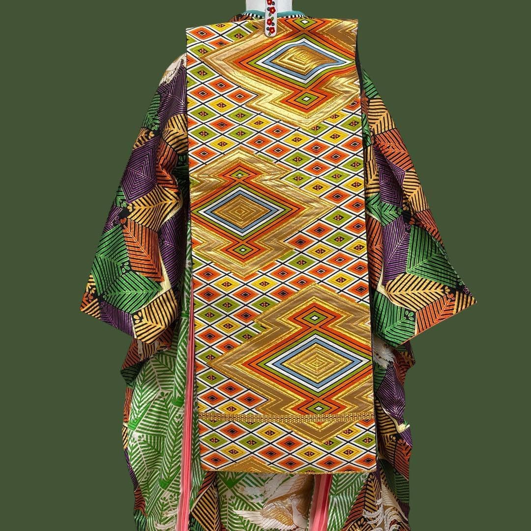 (あ850)アンティーク振袖㊗️幾何学模様 金駒刺繍の鳳凰✨️③点セット あ850)アンティーク振袖㊗️幾何学模様 金駒刺繍の鳳凰✨️③点セット